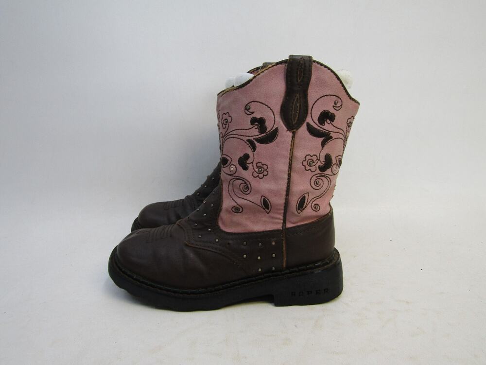 Roper Brand Little Kids Youth Size 13 M Brown Pink Studded Light Up Cowboy Boots
